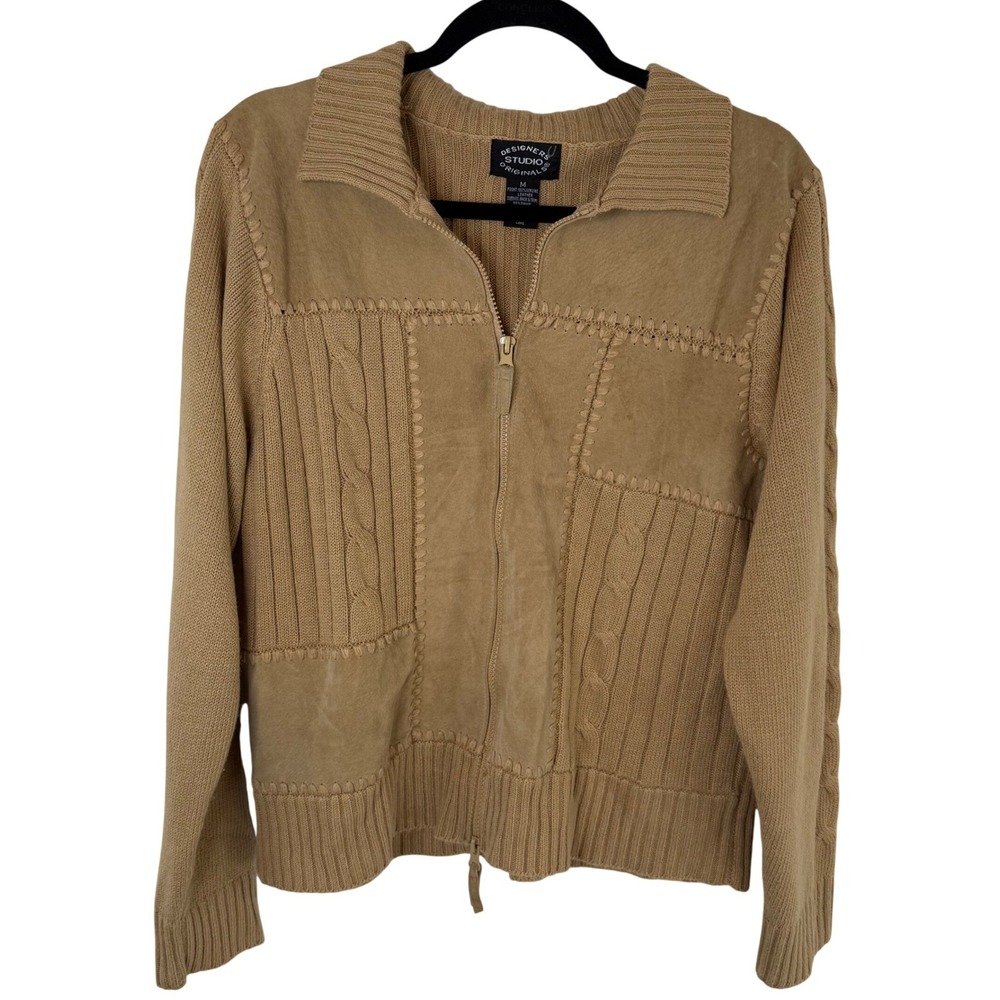Designers Studio Originals Tan Leather‎ Patchwork Zip Jacket M Equestrian
